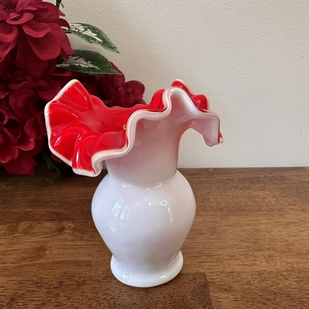 Fenton Milk Glass Ruffle Vase Red Crest White Body Vintage Handblown Art Glass